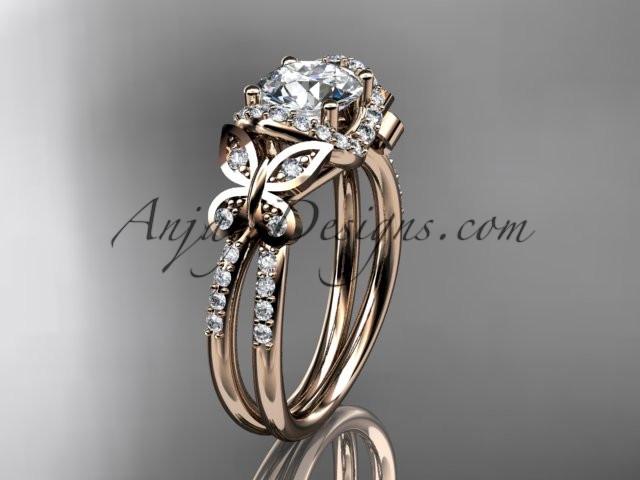 14kt rose gold diamond butterfly wedding ring, engagement ring with a "Forever One" Moissanite center stone ADLR141 - AnjaysDesigns