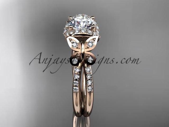 14kt rose gold diamond butterfly wedding ring, engagement ring with a "Forever One" Moissanite center stone ADLR141 - AnjaysDesigns