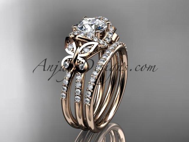14kt rose gold diamond butterfly wedding ring, engagement set with a "Forever One" Moissanite center stone ADLR141S - AnjaysDesigns