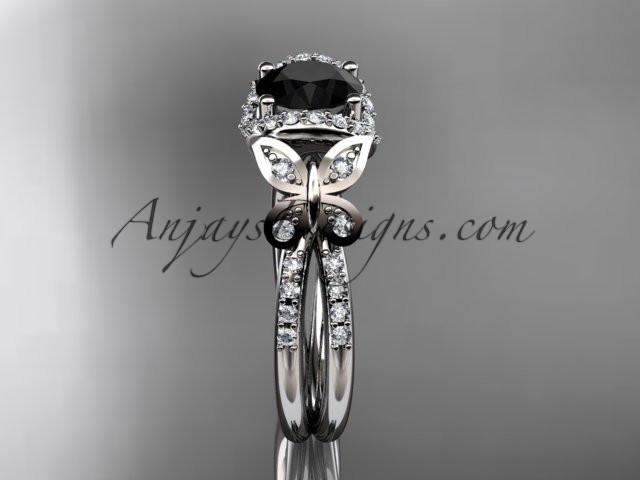 platinum diamond butterfly wedding ring, engagement ring with a Black Diamond center stone ADLR141 - AnjaysDesigns