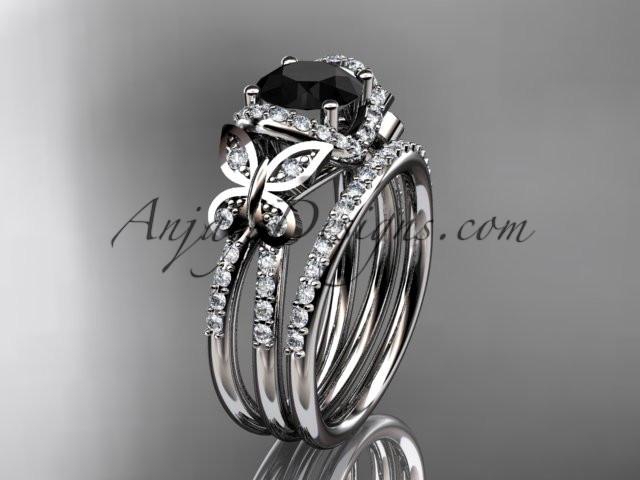 14kt white gold diamond butterfly wedding ring, engagement set with a Black Diamond center stone ADLR141S - AnjaysDesigns