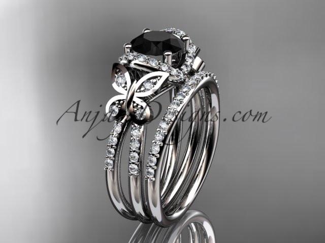 platinum diamond butterfly wedding ring, engagement set with a Black Diamond center stone ADLR141S - AnjaysDesigns