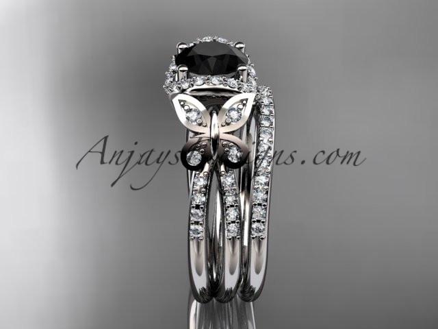 platinum diamond butterfly wedding ring, engagement set with a Black Diamond center stone ADLR141S - AnjaysDesigns