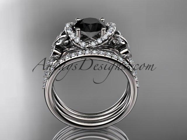 14kt white gold diamond butterfly wedding ring, engagement set with a Black Diamond center stone ADLR141S - AnjaysDesigns