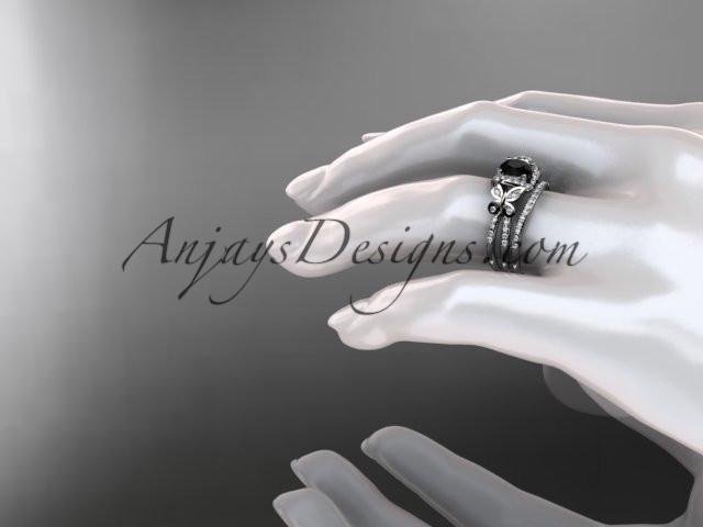 platinum diamond butterfly wedding ring, engagement set with a Black Diamond center stone ADLR141S - AnjaysDesigns