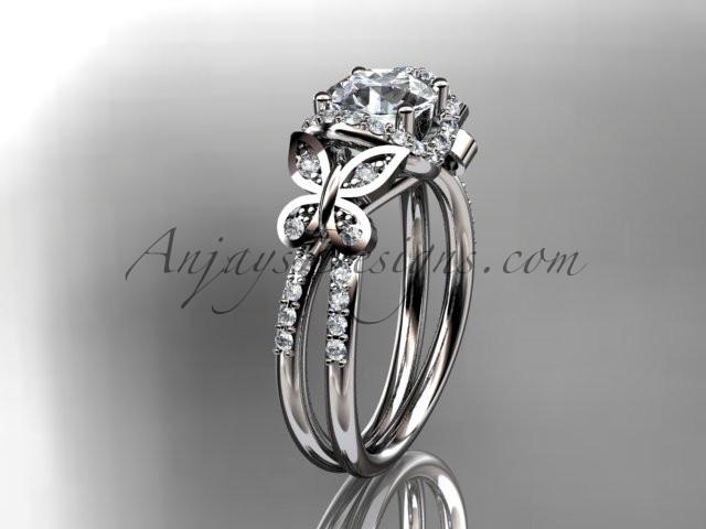 14kt white gold diamond butterfly wedding ring, engagement ring with a "Forever One" Moissanite center stone ADLR141 - AnjaysDesigns