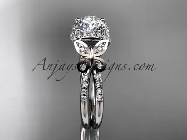 Platinum diamond butterfly wedding ring, engagement ring with a "Forever One" Moissanite center stone ADLR141 - AnjaysDesigns