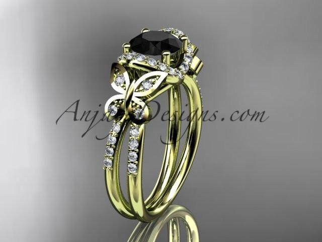 14kt yellow gold diamond butterfly wedding ring, engagement ring with a Black Diamond center stone ADLR141 - AnjaysDesigns