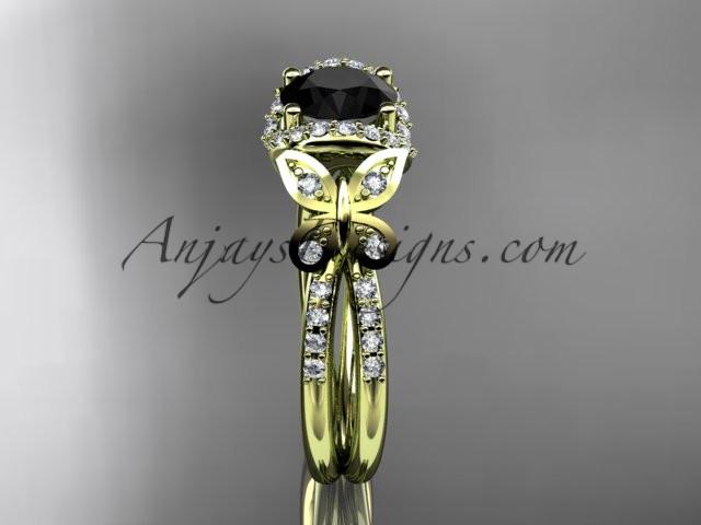 14kt yellow gold diamond butterfly wedding ring, engagement ring with a Black Diamond center stone ADLR141 - AnjaysDesigns