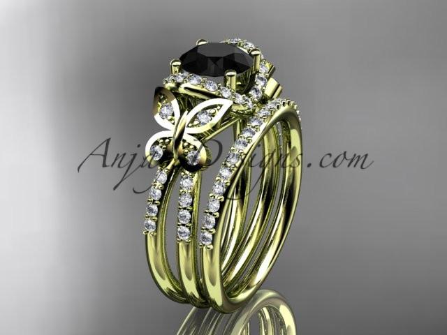 14kt yellow gold diamond butterfly wedding ring, engagement set with a Black Diamond center stone ADLR141S - AnjaysDesigns