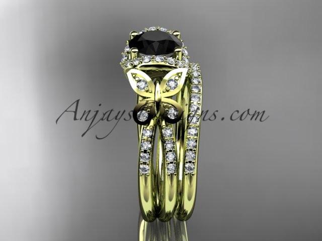 14kt yellow gold diamond butterfly wedding ring, engagement set with a Black Diamond center stone ADLR141S - AnjaysDesigns