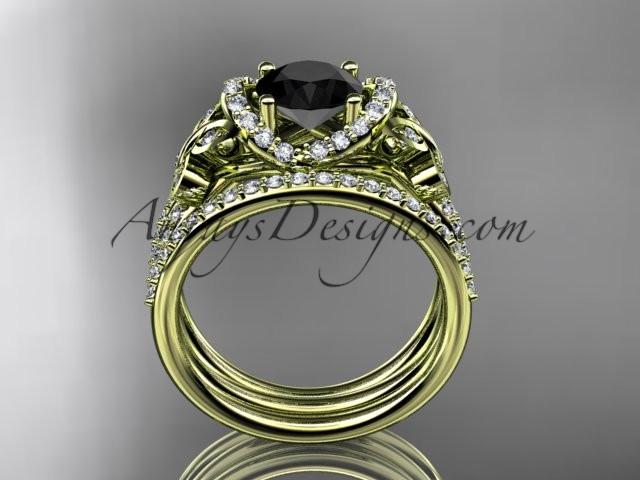 14kt yellow gold diamond butterfly wedding ring, engagement set with a Black Diamond center stone ADLR141S - AnjaysDesigns