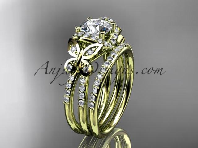 14kt yellow gold diamond butterfly wedding ring, engagement set with a "Forever One" Moissanite center stone ADLR141S - AnjaysDesigns