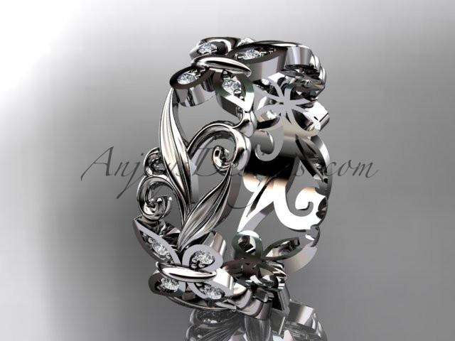 Platinum diamond leaf and vine butterfly wedding ring, engagement ring, wedding band ADLR144 - AnjaysDesigns