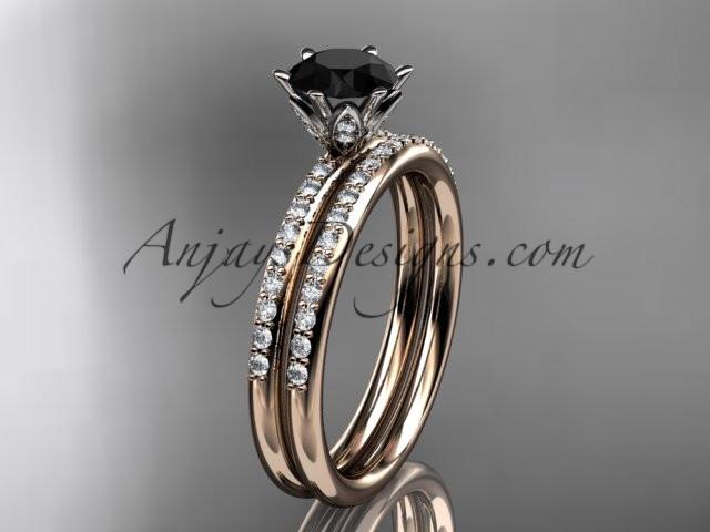 14kt rose gold diamond unique engagement set, wedding ring with a Black Diamond center stone ADER145S - AnjaysDesigns