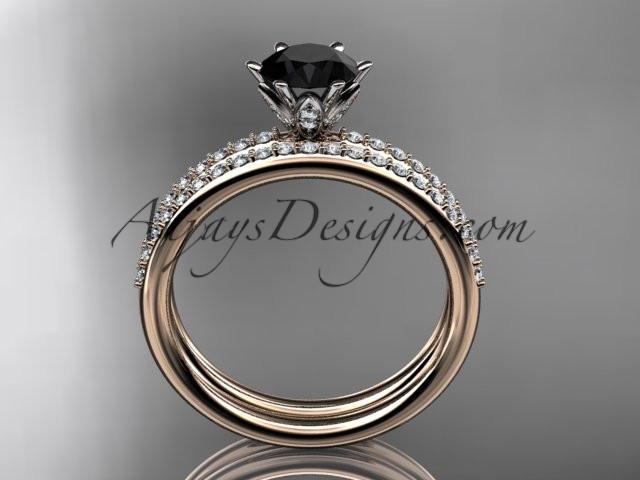 14kt rose gold diamond unique engagement set, wedding ring with a Black Diamond center stone ADER145S - AnjaysDesigns