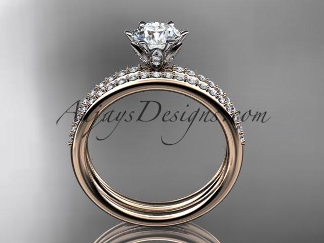 14kt rose gold diamond unique engagement set, wedding ring with a "Forever One" Moissanite center stone ADER145S - AnjaysDesigns