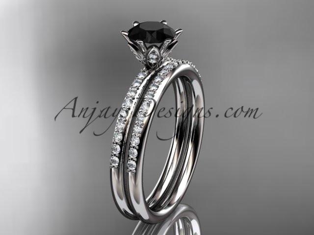 14kt white gold diamond unique engagement set, wedding ring with a Black Diamond center stone ADER145S - AnjaysDesigns