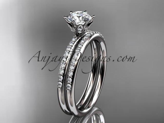 Platinum diamond unique engagement set, wedding ring with a "Forever One" Moissanite center stone ADER145S - AnjaysDesigns