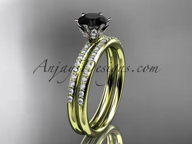14kt yellow gold diamond unique engagement set, wedding ring with a Black Diamond center stone ADER145S - AnjaysDesigns