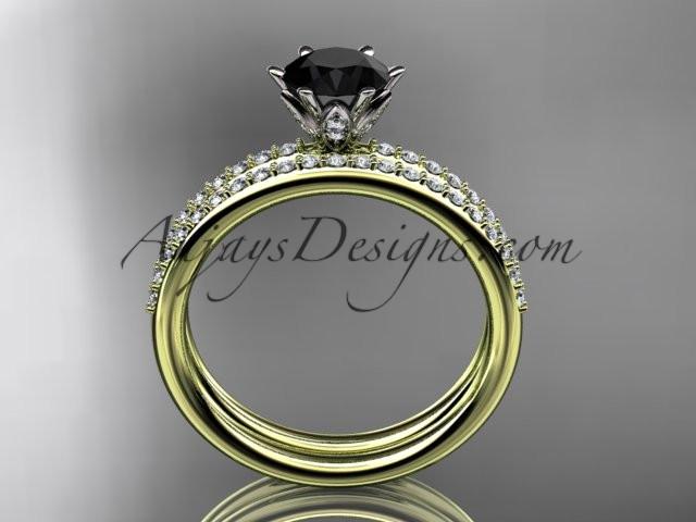 14kt yellow gold diamond unique engagement set, wedding ring with a Black Diamond center stone ADER145S - AnjaysDesigns