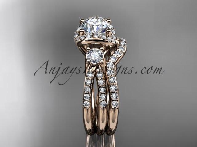 14kt rose gold diamond unique engagement set, wedding ring with a "Forever One" Moissanite center stone ADER146S - AnjaysDesigns