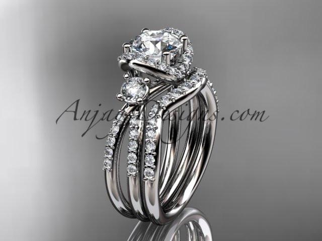 platinum diamond unique engagement set, wedding ring with a "Forever One" Moissanite center stone ADER146S - AnjaysDesigns