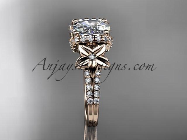 14kt rose gold diamond floral wedding ring, engagement ring with cushion cut moissanite ADLR148 - AnjaysDesigns