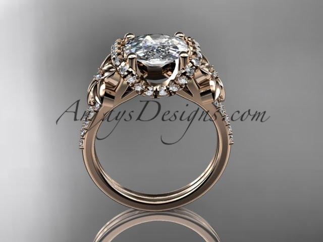 14kt rose gold diamond floral wedding ring, engagement ring with cushion cut moissanite ADLR148 - AnjaysDesigns