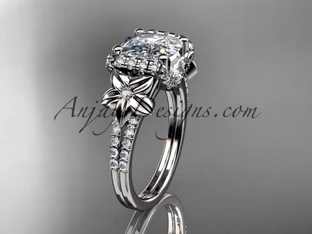Platinum diamond floral wedding ring, engagement ring with cushion cut moissanite ADLR148 - AnjaysDesigns