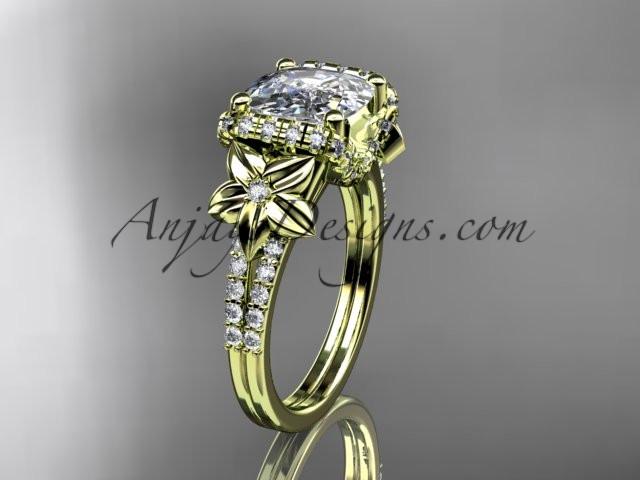 14kt yellow gold diamond floral wedding ring, engagement ring with cushion cut moissanite ADLR148 - AnjaysDesigns