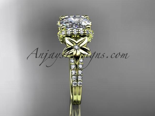 14kt yellow gold diamond floral wedding ring, engagement ring with cushion cut moissanite ADLR148 - AnjaysDesigns
