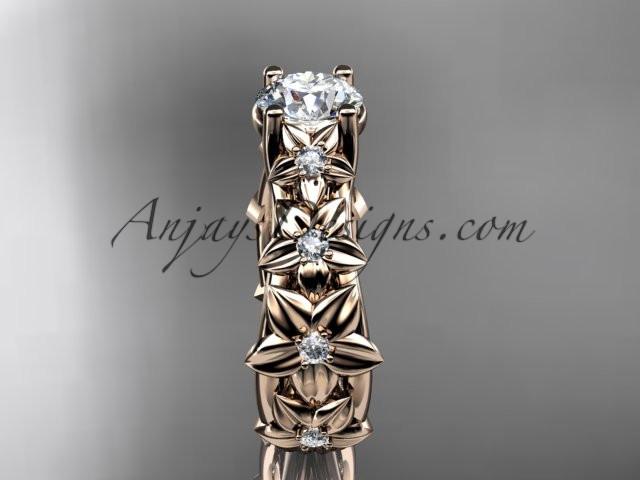 14kt rose gold diamond floral wedding ring, engagement ring with a "Forever One" Moissanite center stone ADLR149 - AnjaysDesigns
