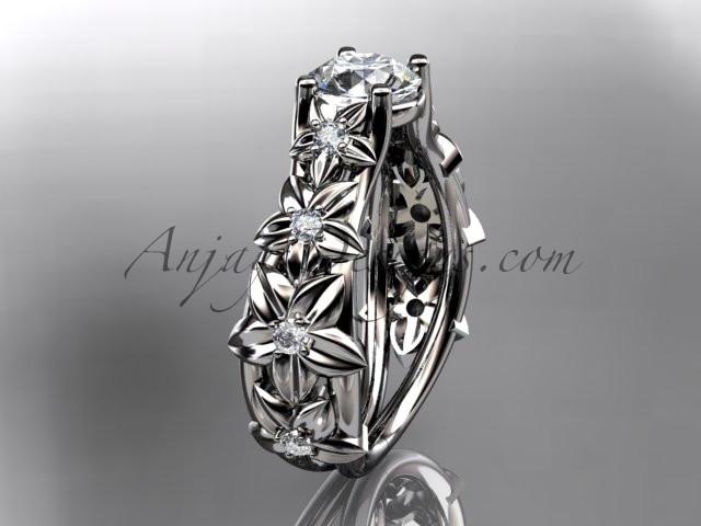 14kt white gold diamond floral wedding ring, engagement ring with a "Forever One" Moissanite center stone ADLR149 - AnjaysDesigns