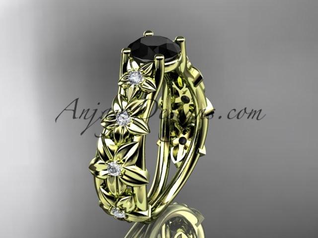 14kt yellow gold diamond floral wedding ring, engagement ring with a Black Diamond center stone ADLR149 - AnjaysDesigns
