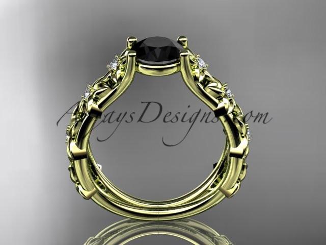 14kt yellow gold diamond floral wedding ring, engagement ring with a Black Diamond center stone ADLR149 - AnjaysDesigns