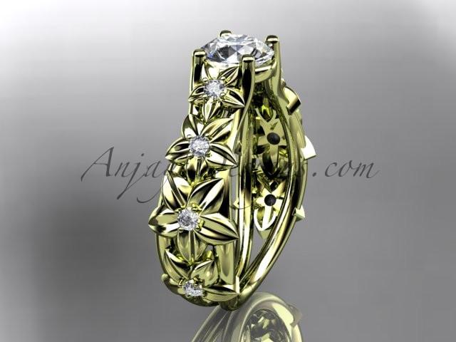 14kt yellow gold diamond floral wedding ring, engagement ring with a "Forever One" Moissanite center stone ADLR149 - AnjaysDesigns