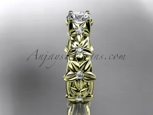 14kt yellow gold diamond floral wedding ring, engagement ring with a "Forever One" Moissanite center stone ADLR149 - AnjaysDesigns