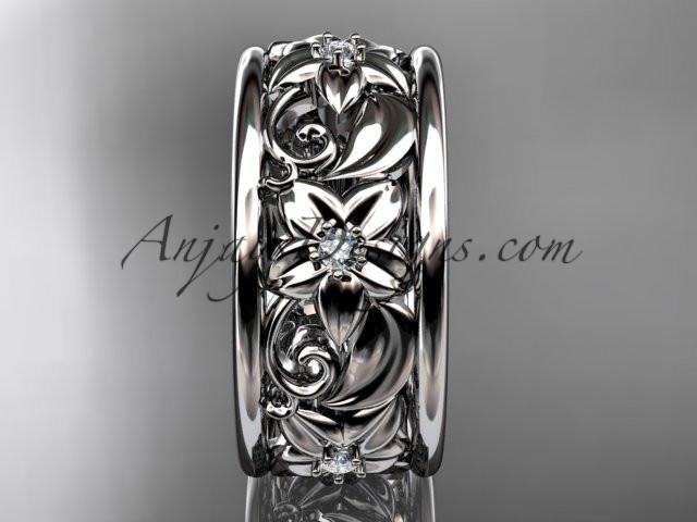platinum diamond leaf and vine wedding ring, wedding band ADLR150 - AnjaysDesigns
