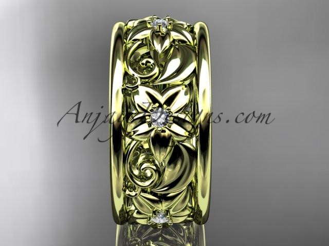 14kt yellow gold diamond leaf and vine wedding ring, wedding band ADLR150 - AnjaysDesigns