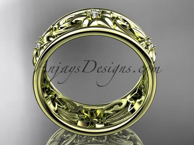 14kt yellow gold diamond leaf and vine wedding ring, wedding band ADLR150 - AnjaysDesigns