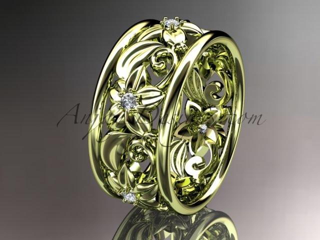 14kt yellow gold diamond leaf and vine wedding ring, wedding band ADLR150 - AnjaysDesigns