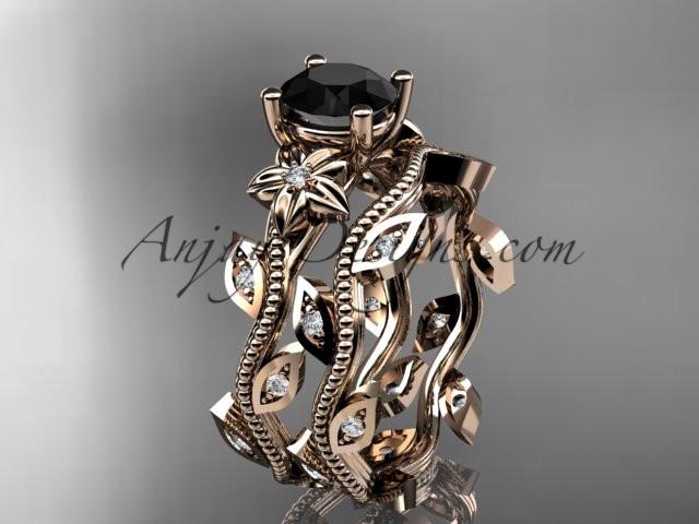14k rose gold diamond leaf and vine wedding ring, engagement ring, engagement set with a Black Diamond center stone ADLR151S - AnjaysDesigns, Black Diamond Engagement Sets - Jewelry, Anjays Designs - AnjaysDesigns, AnjaysDesigns - AnjaysDesigns.co, 