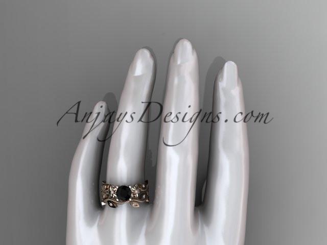 14k rose gold diamond leaf and vine wedding ring, engagement ring, engagement set with a Black Diamond center stone ADLR151S - AnjaysDesigns, Black Diamond Engagement Sets - Jewelry, Anjays Designs - AnjaysDesigns, AnjaysDesigns - AnjaysDesigns.co, 
