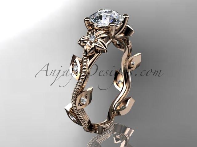 14kt rose gold diamond leaf and vine wedding ring,engagement ring with a "Forever One" Moissanite center stone ADLR151. nature inspired jewelry - AnjaysDesigns