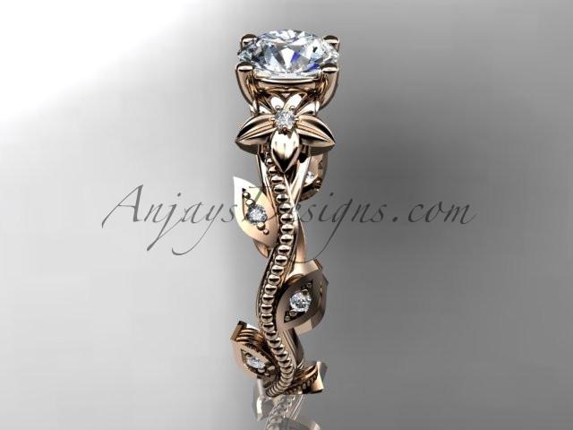 14kt rose gold diamond leaf and vine wedding ring,engagement ring with a "Forever One" Moissanite center stone ADLR151. nature inspired jewelry - AnjaysDesigns
