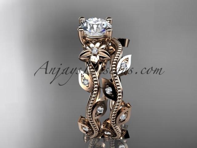 14k rose gold diamond leaf and vine wedding ring, engagement ring, engagement set with a "Forever One" Moissanite center stone ADLR151S - AnjaysDesigns, Moissanite Engagement Sets - Jewelry, Anjays Designs - AnjaysDesigns, AnjaysDesigns - AnjaysDesigns.co, 