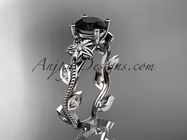 platinum diamond leaf and vine wedding ring,engagement ring with a Black Diamond center stone ADLR151 - AnjaysDesigns