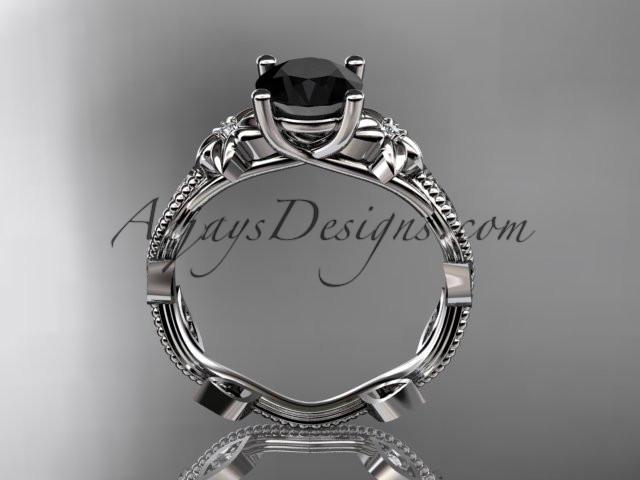 platinum diamond leaf and vine wedding ring,engagement ring with a Black Diamond center stone ADLR151 - AnjaysDesigns