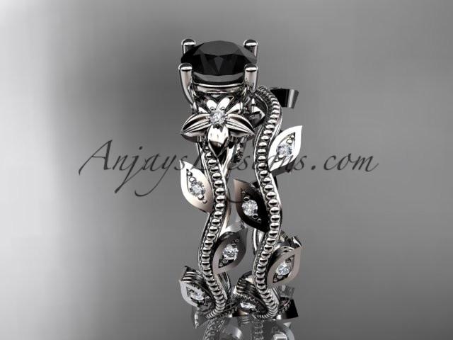 14k white gold diamond leaf and vine wedding ring, engagement ring, engagement set with a Black Diamond center stone ADLR151S - AnjaysDesigns